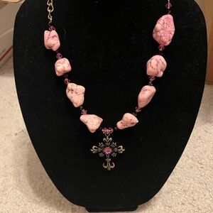 Pink Stone Necklace with Cross Pendant